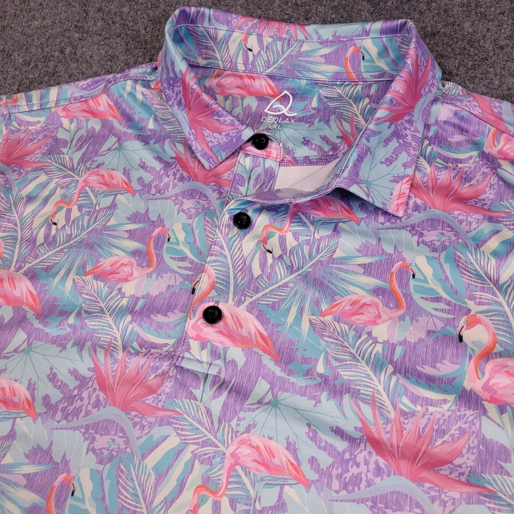Deolax Flamingo Tropical Print Polo Shirt Men 2XL Purple Pink Short Sleeve Aloha
